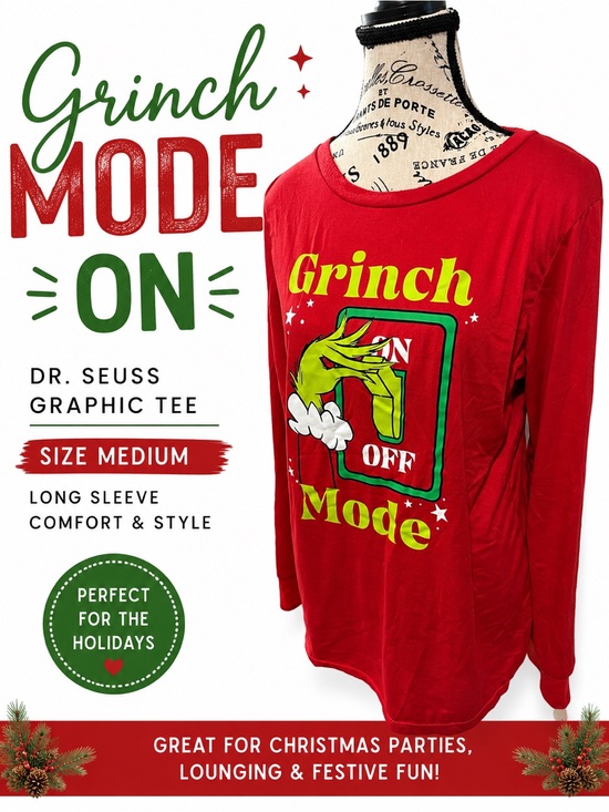 Dr. Seuss Other - Dr. Seuss Grinch Mode Christmas Graphic Tee Size Medium Red Long Sleeve Shirt
